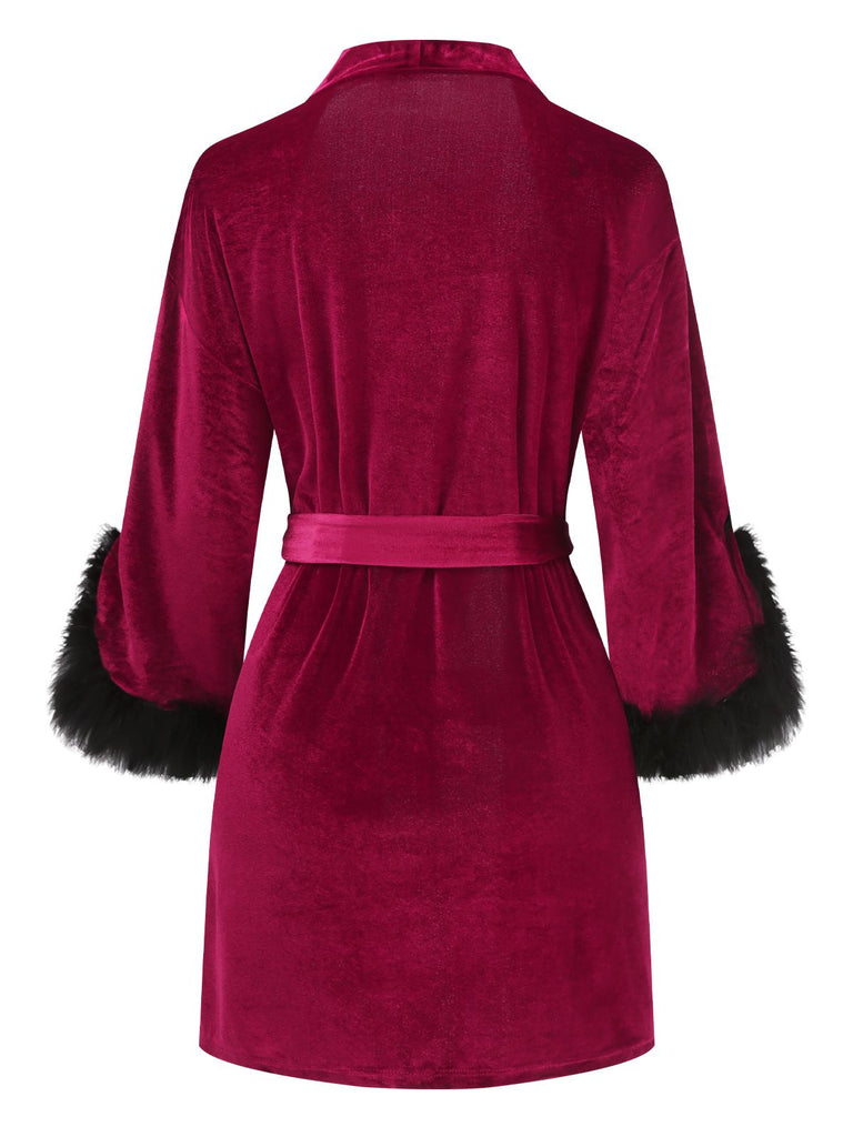 Wine Red 1960s Velvet Fur Lace-Up Sleepwear