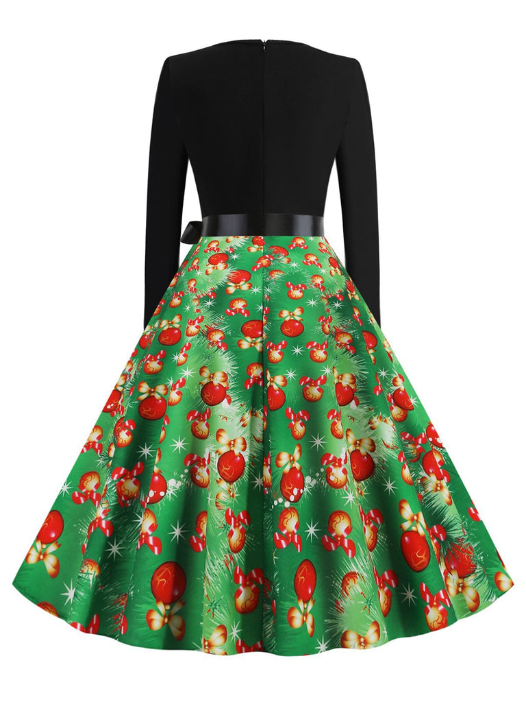 Green 1950s Christmas Bow Belted Swing Dress