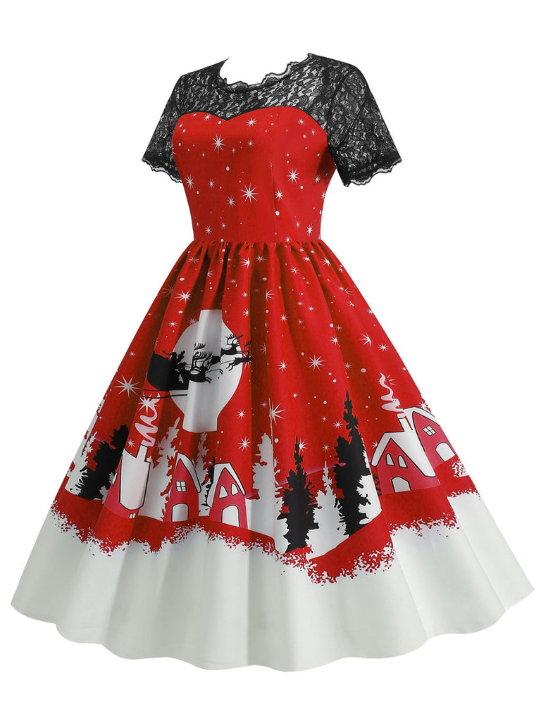 1950s Christmas Print Lace Swing Dress