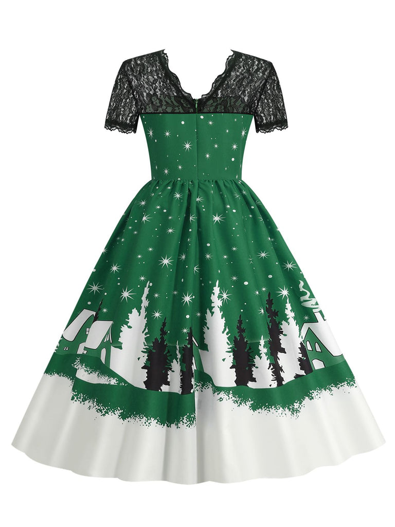 1950s Christmas Print Lace Swing Dress