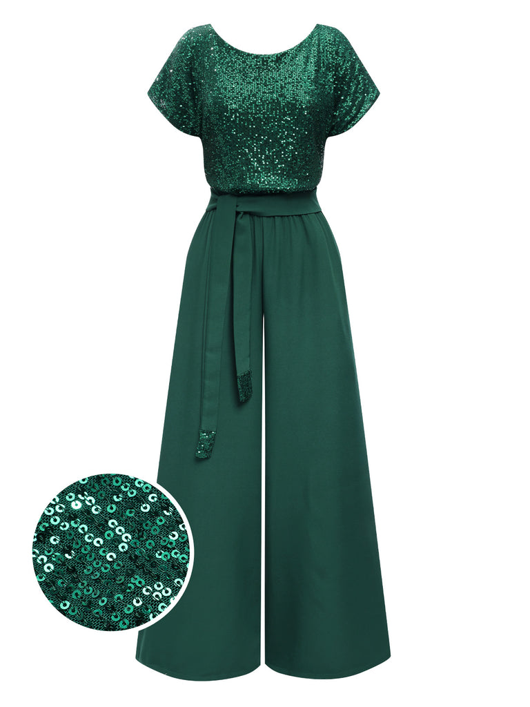 Green 1960s Sequined Wide-Leg Jumpsuit