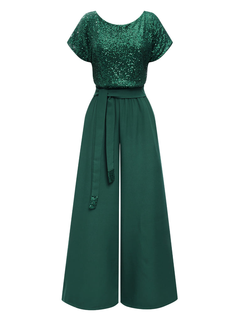 Green 1960s Sequined Wide-Leg Jumpsuit