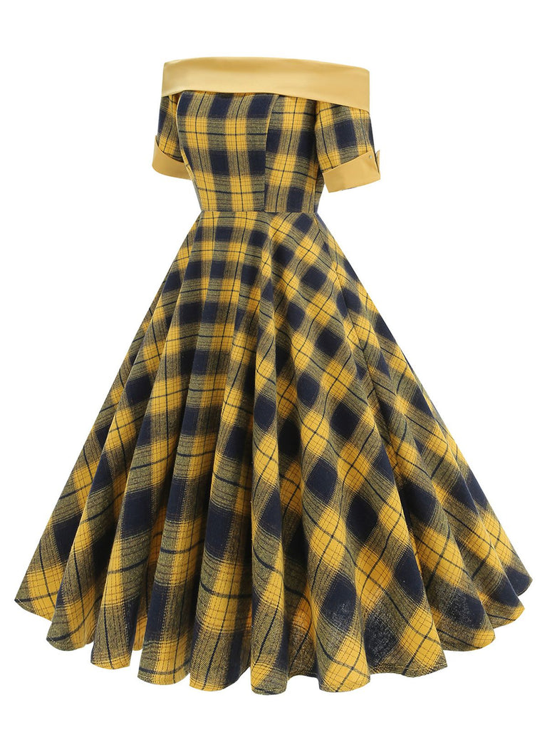 1950s Off-Shoulder Vintage Patchwork Plaids Dress