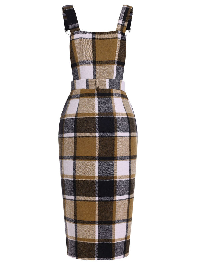 Khaki 1960s Classic Plaid Straps Dress