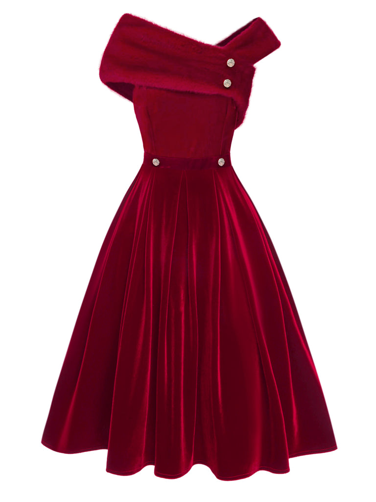 [Pre-Sale] Red 1950s Off Shoulder Fur Button Velvet Dress