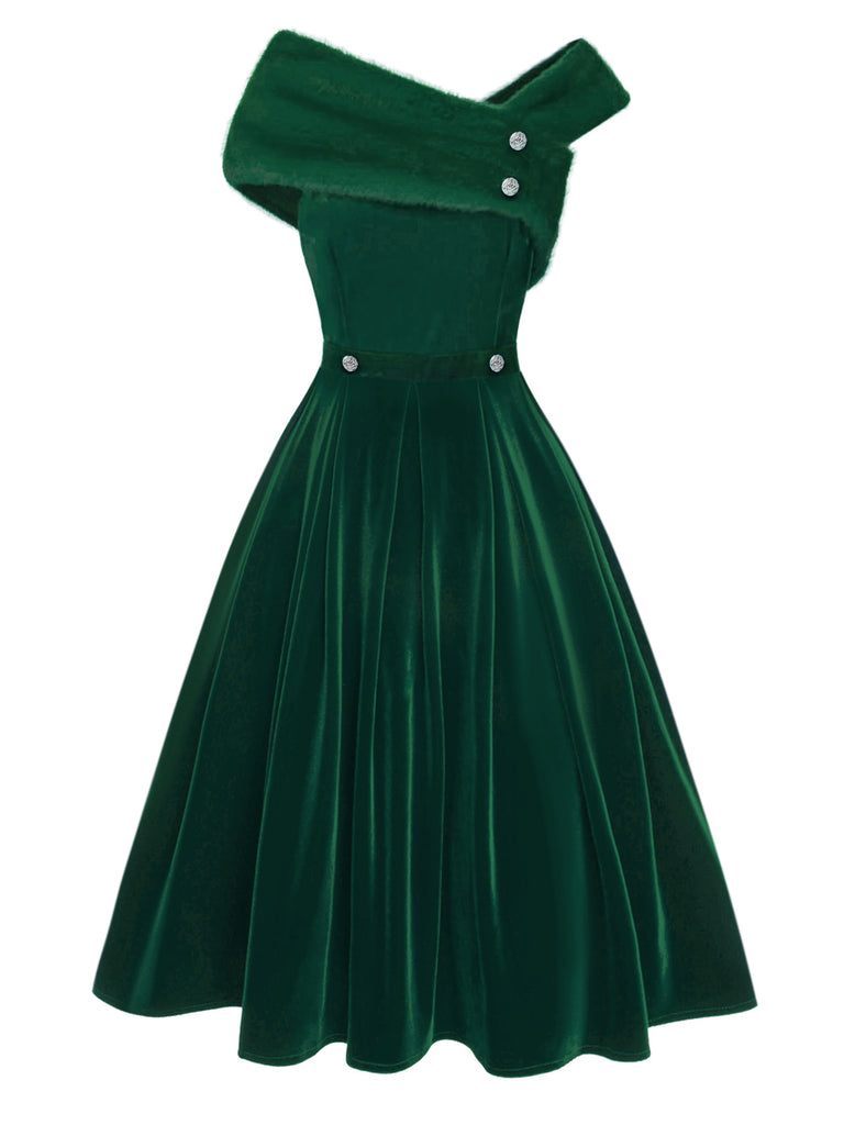 [Pre-Sale] Green 1950s Off Shoulder Fur Button Velvet Dress