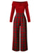 Red 1950s Off Shoulder Plaids Jumpsuit