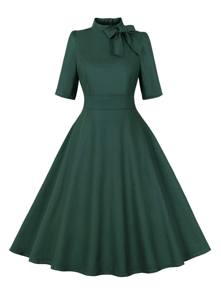 Green 1950s Cotton Tie Elbow Sleeves Dress