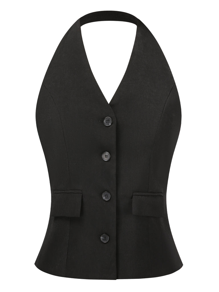 Black 1930s Halter Neck Vest Top