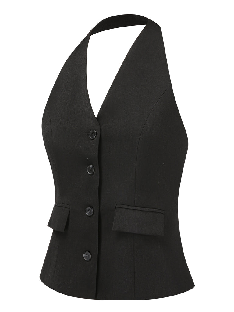 Black 1930s Halter Neck Vest Top