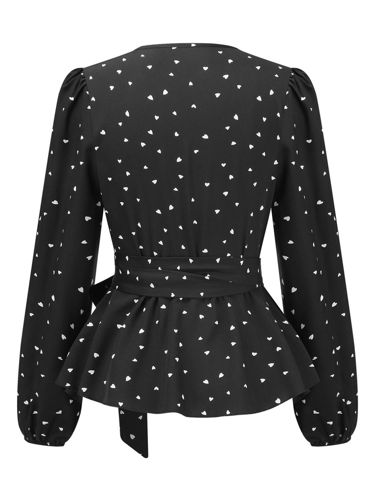 Black 1960s Heart Dots V-Neck Belted Blouse