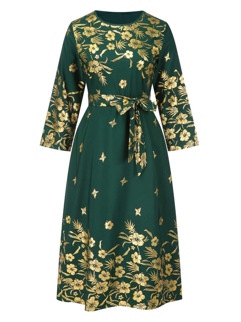 [Plus Size] Green 1940s Gilded Floral Belted Dress