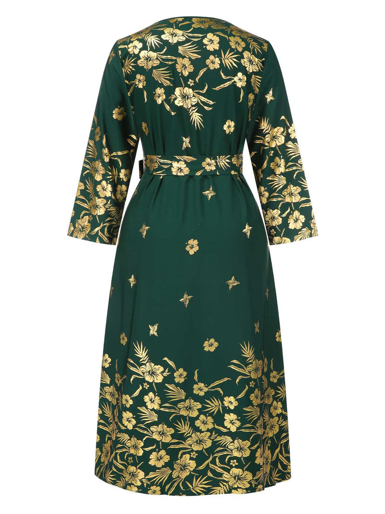 [Plus Size] Green 1940s Gilded Floral Belted Dress