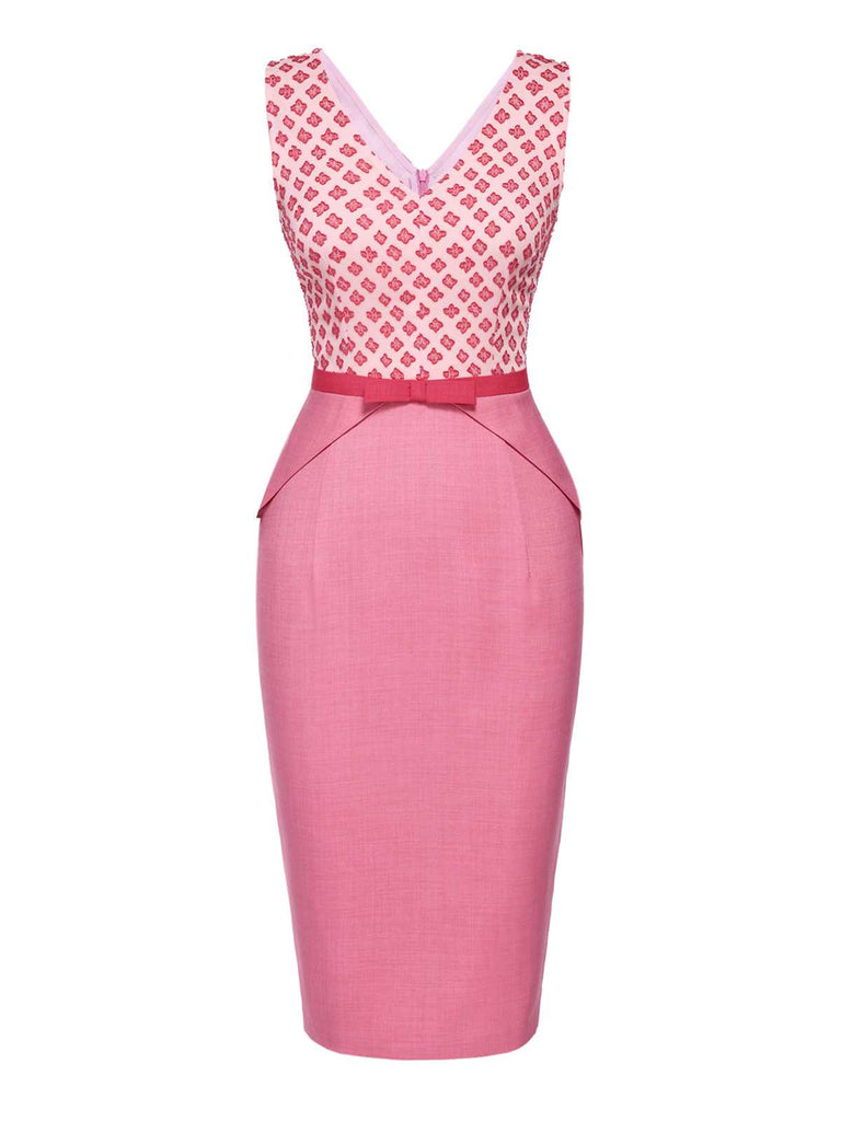 [Pre-Sale] Pink 1960s V-Neck Floral Bow Bodycon Dress