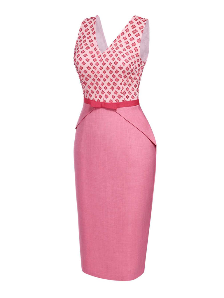 [Pre-Sale] Pink 1960s V-Neck Floral Bow Bodycon Dress