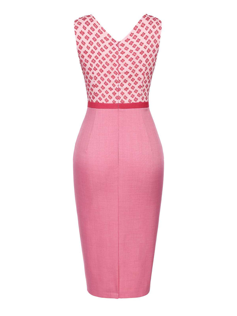 [Pre-Sale] Pink 1960s V-Neck Floral Bow Bodycon Dress