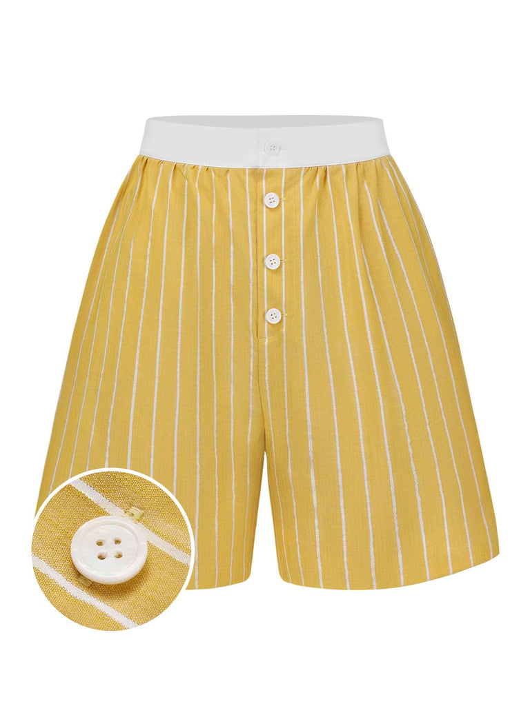 [Pre-Sale] 2PCS Yellow 1950s Stripes Tie-Front Blouse & Shorts