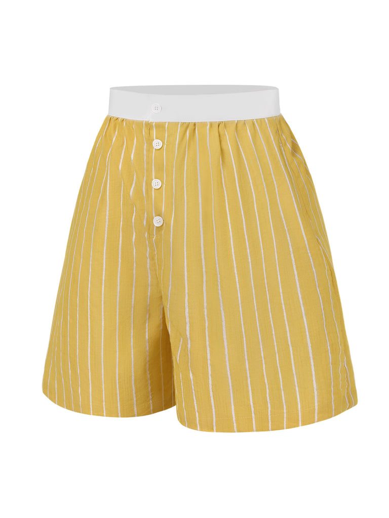 [Pre-Sale] Yellow 1950s High Waist Button Stripes Shorts