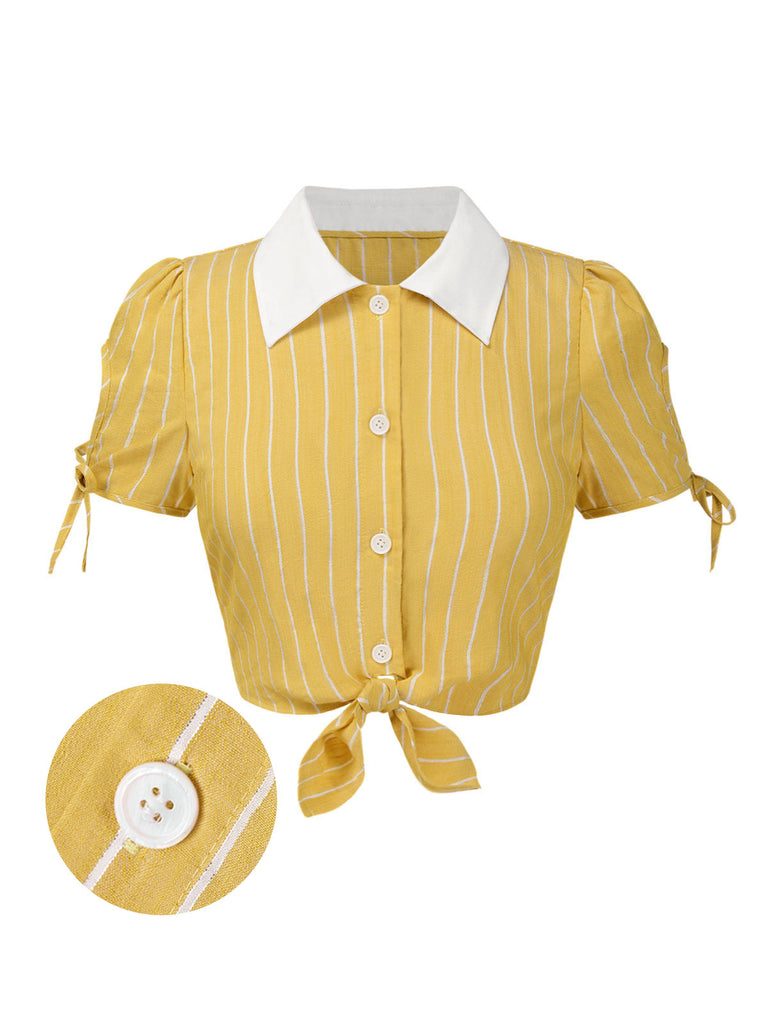 [Pre-Sale] 2PCS Yellow 1950s Stripes Tie-Front Blouse & Shorts