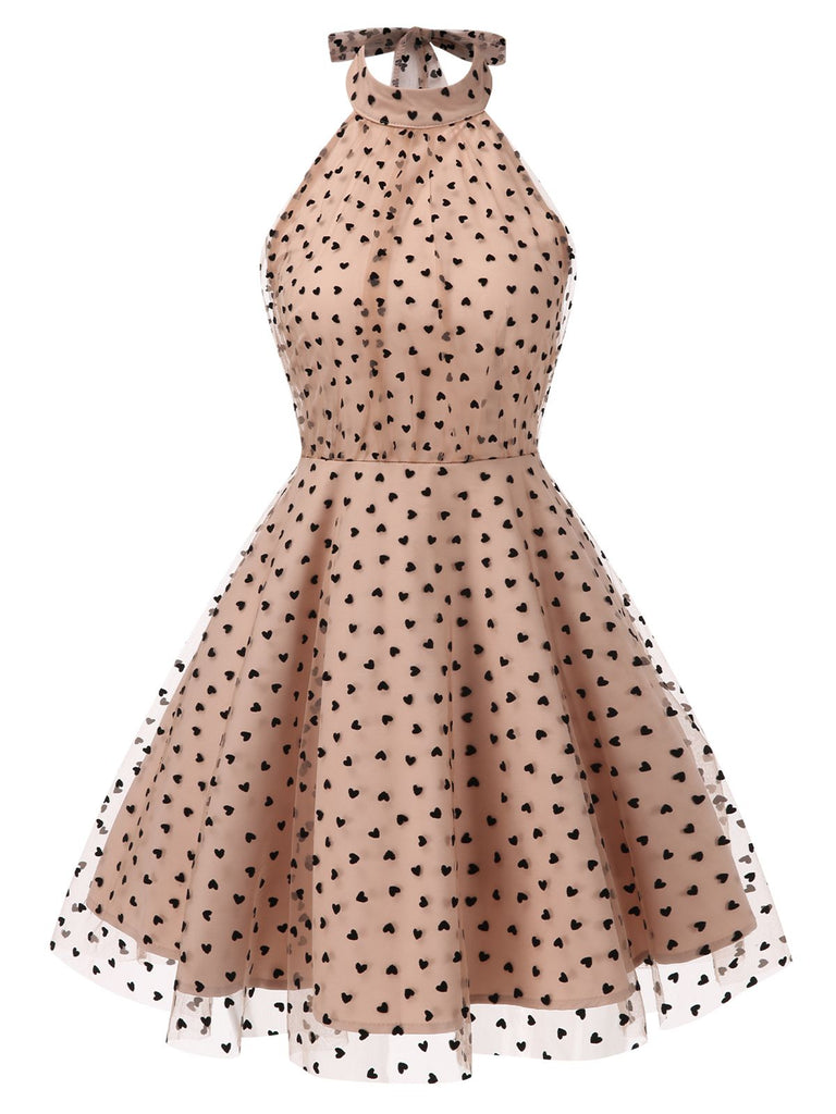 Beige 1940s Heart Mesh Halterneck Dress