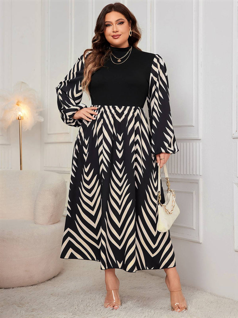 [Plus Size] Black 1950s Geometric Print Patchwork Dress