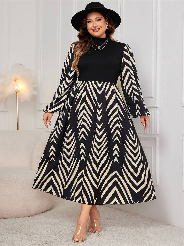 [Plus Size] Black 1950s Geometric Print Patchwork Dress