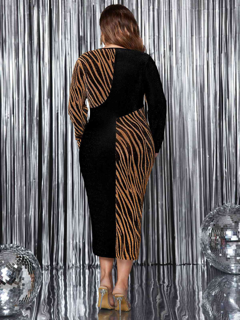 [Plus Size] Black 1970s Zebra Colorblock Slit Dress