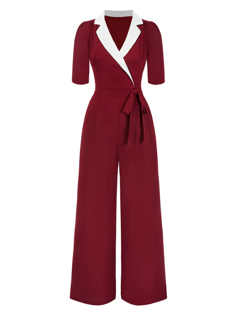 [Pre-Sale] Deep Red 1940s Notched Collar Bow Jumpsuit