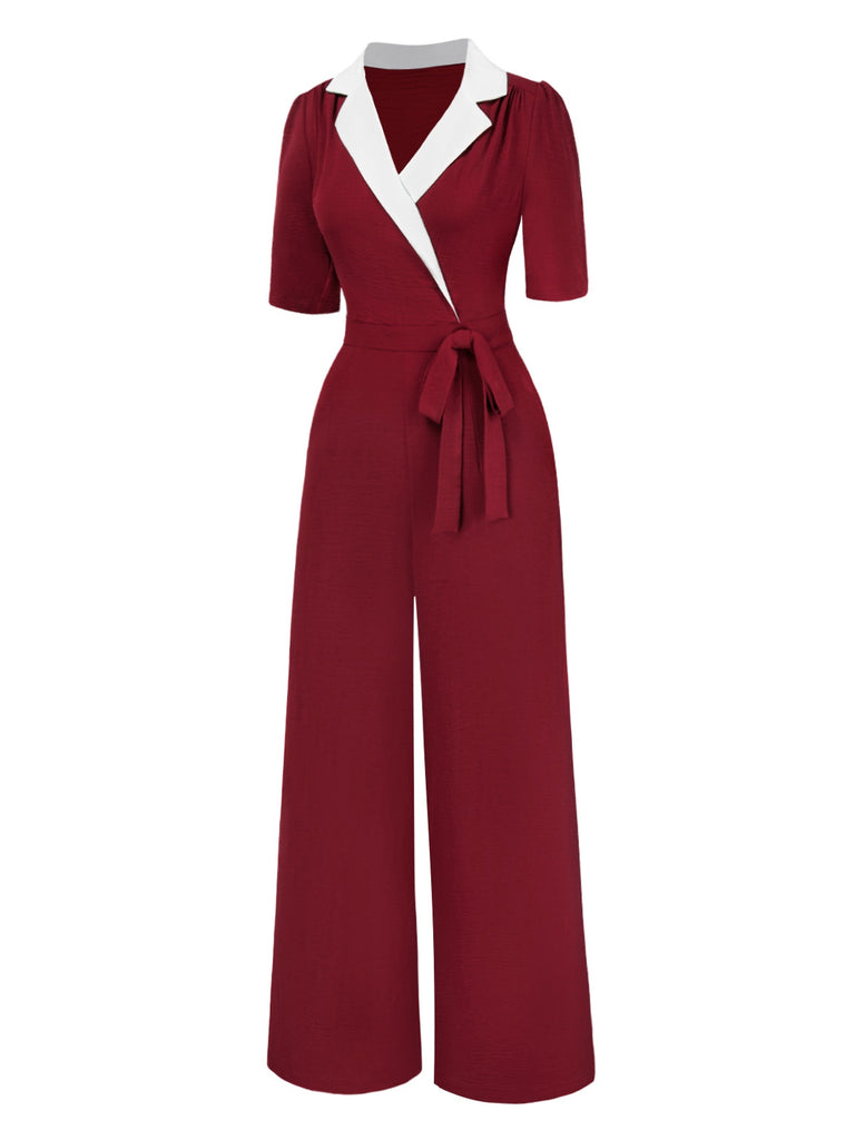 [Pre-Sale] Deep Red 1940s Notched Collar Bow Jumpsuit