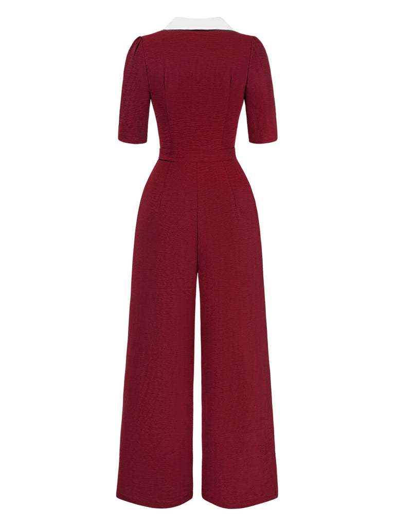 [Pre-Sale] Deep Red 1940s Notched Collar Bow Jumpsuit