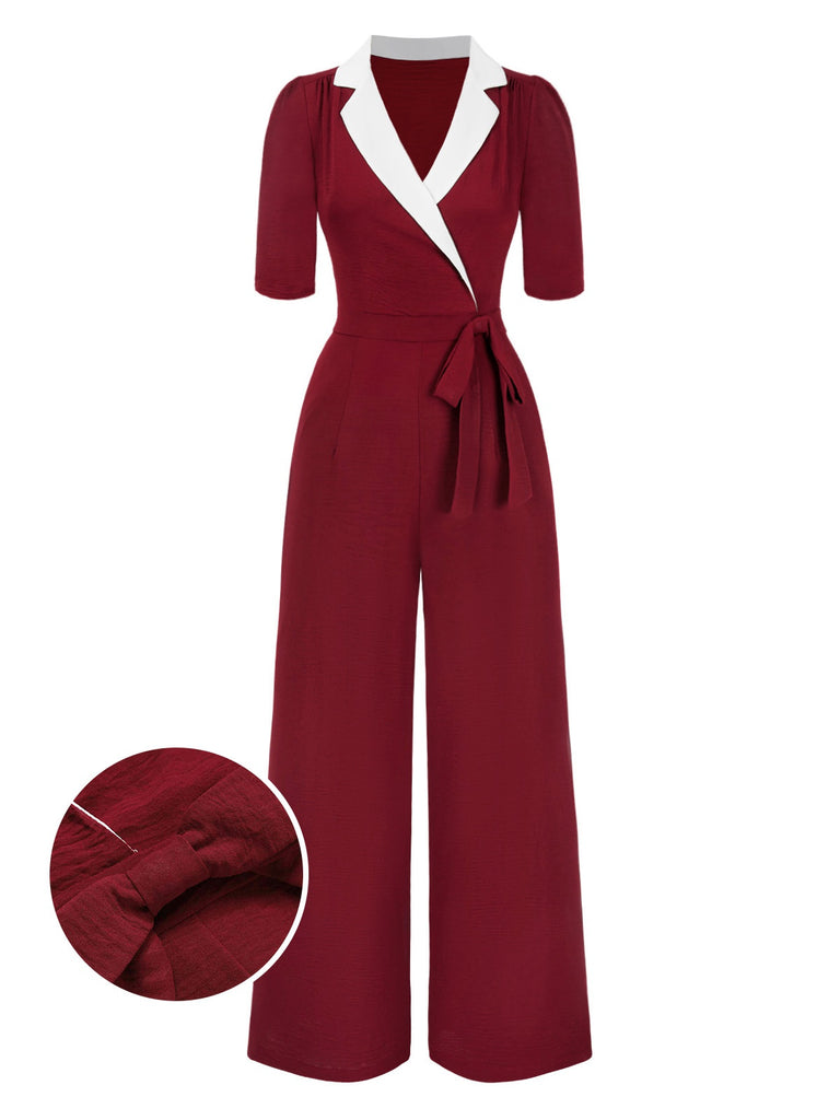 [Pre-Sale] Deep Red 1940s Notched Collar Bow Jumpsuit