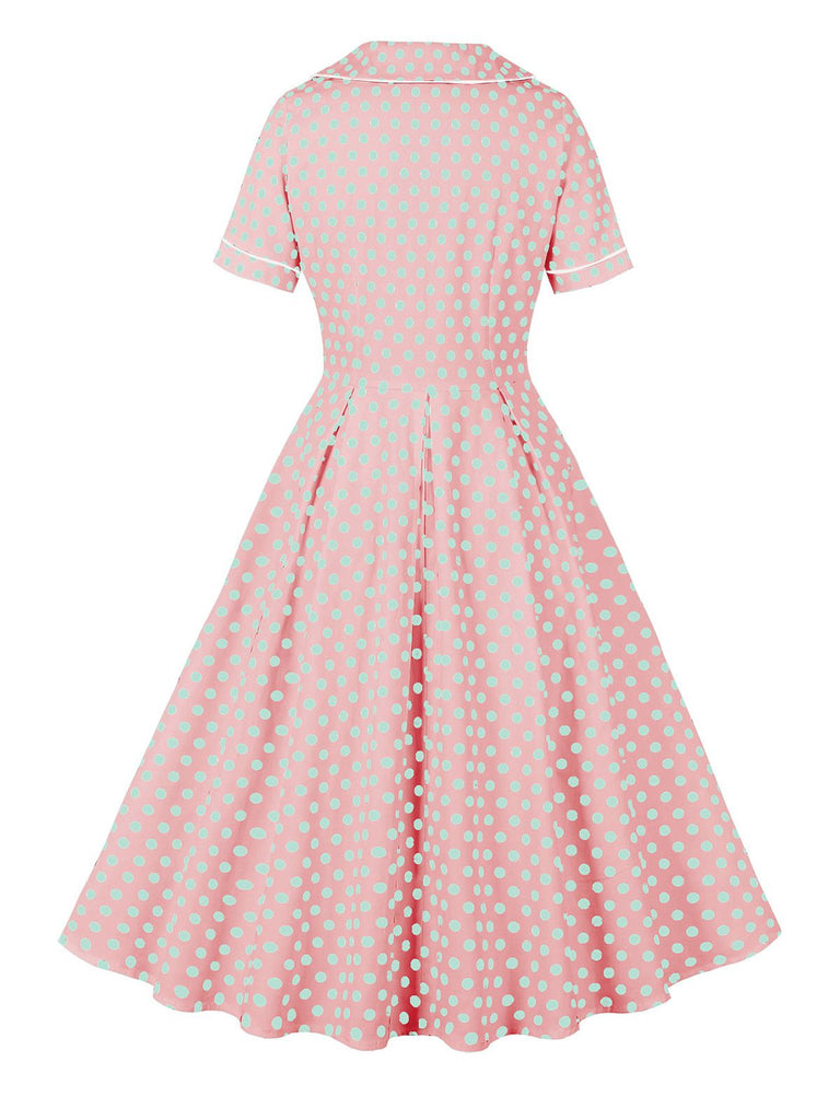 Pink 1950s Blue Polka Dot Lapel Dress