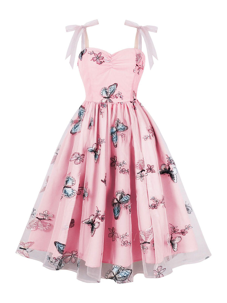 Pink 1950s Spaghetti Strap Butterflies Mesh Dress