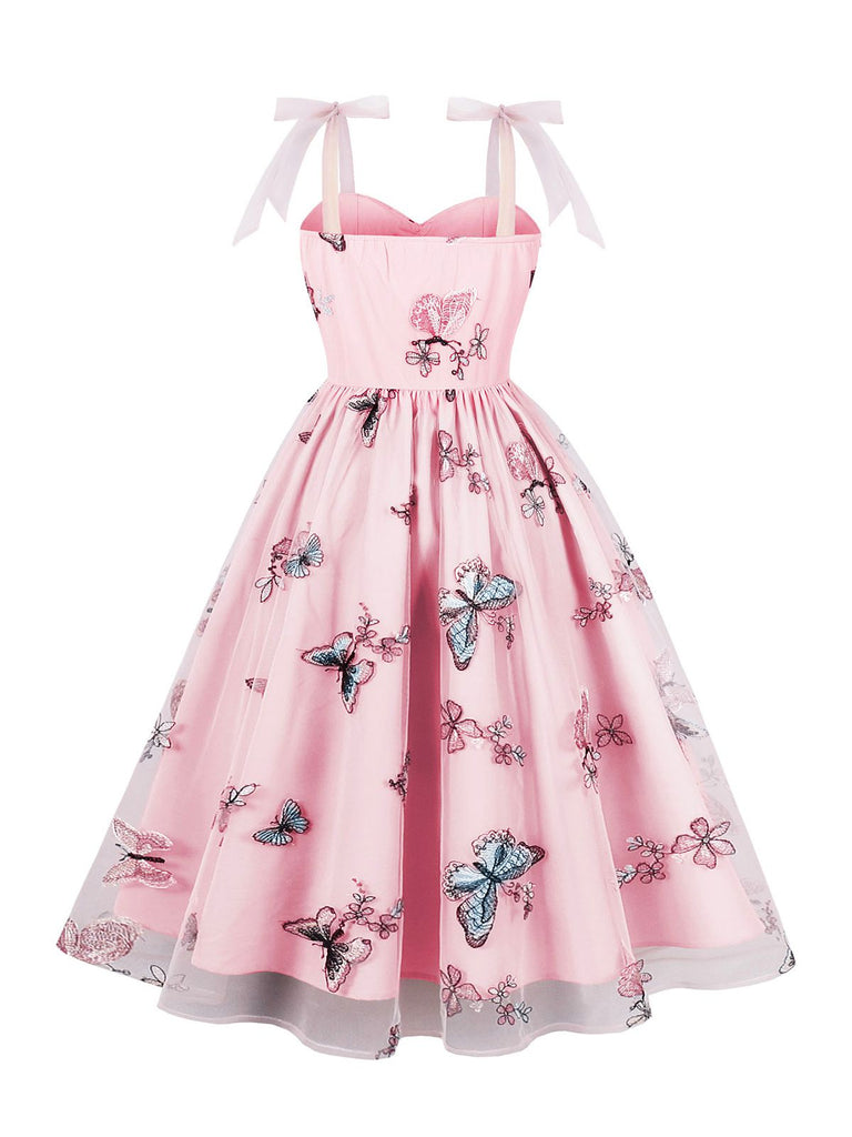 Pink 1950s Spaghetti Strap Butterflies Mesh Dress