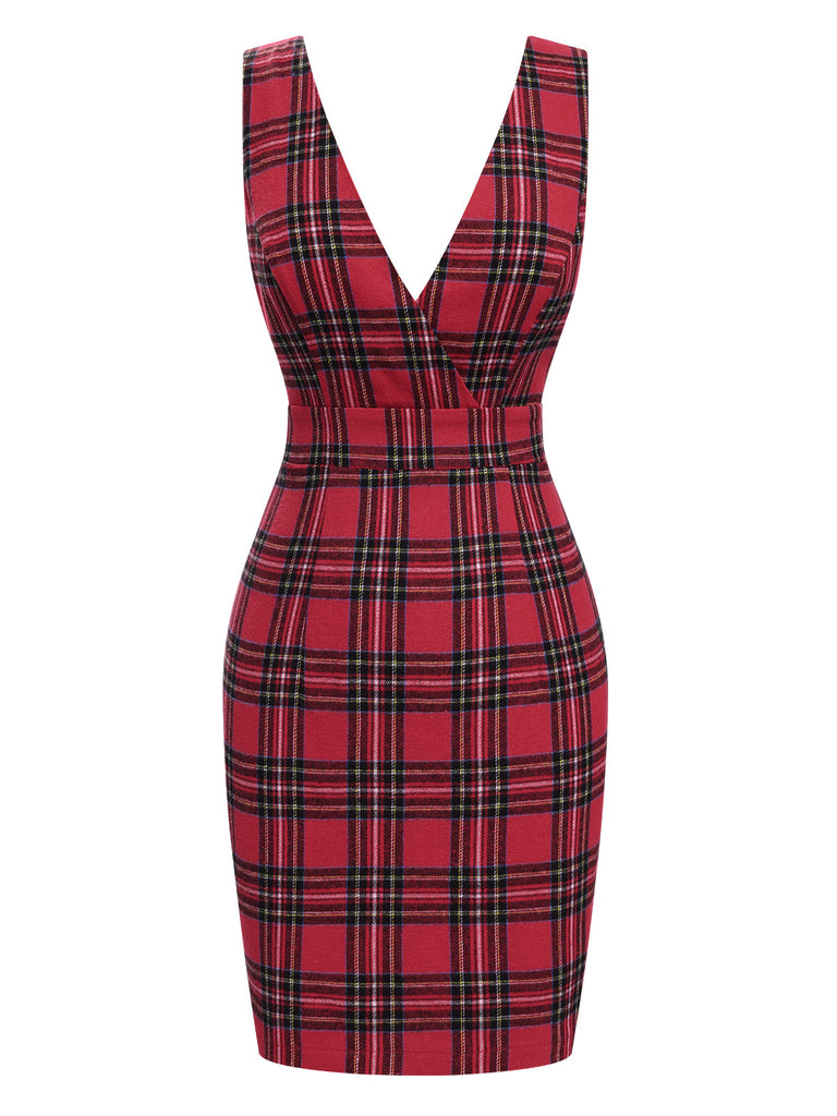 Red 1960s Tartan Plaids Suspender Dress