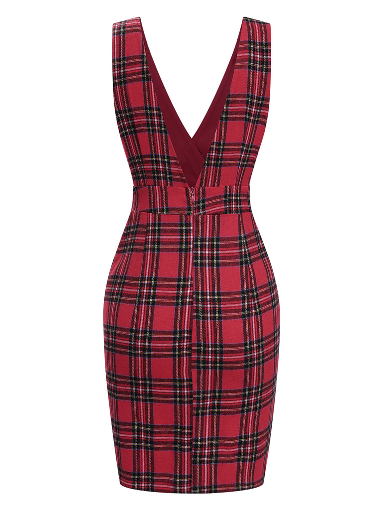 Red 1960s Tartan Plaids Suspender Dress