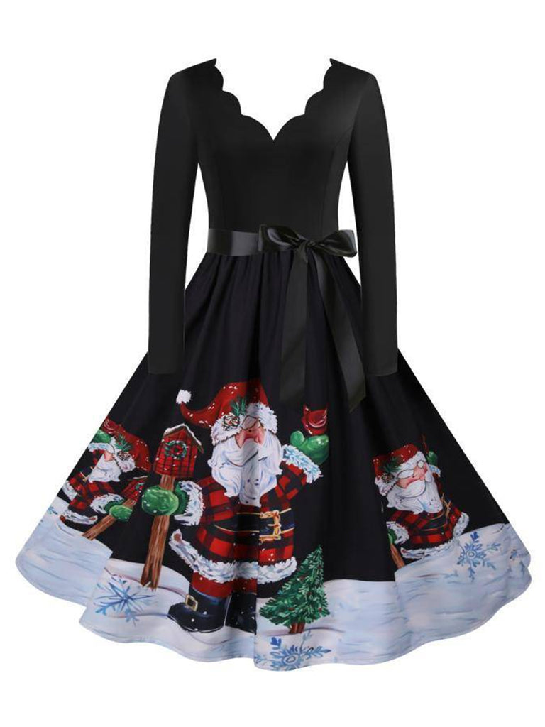 Black 1950s Scalloped Neck Christmas Santa Belted Dress