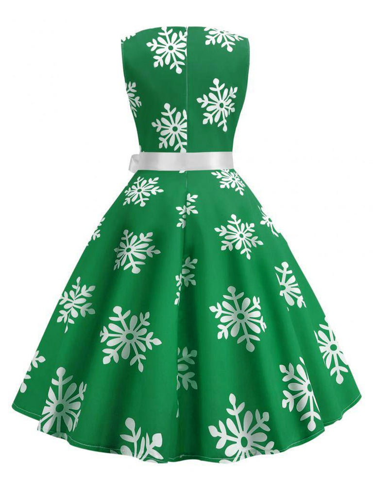 1950s Christmas Snowflake Sleeveless Belted Dress