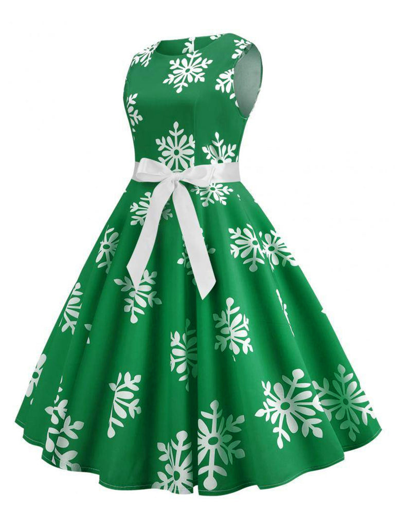 1950s Christmas Snowflake Sleeveless Belted Dress