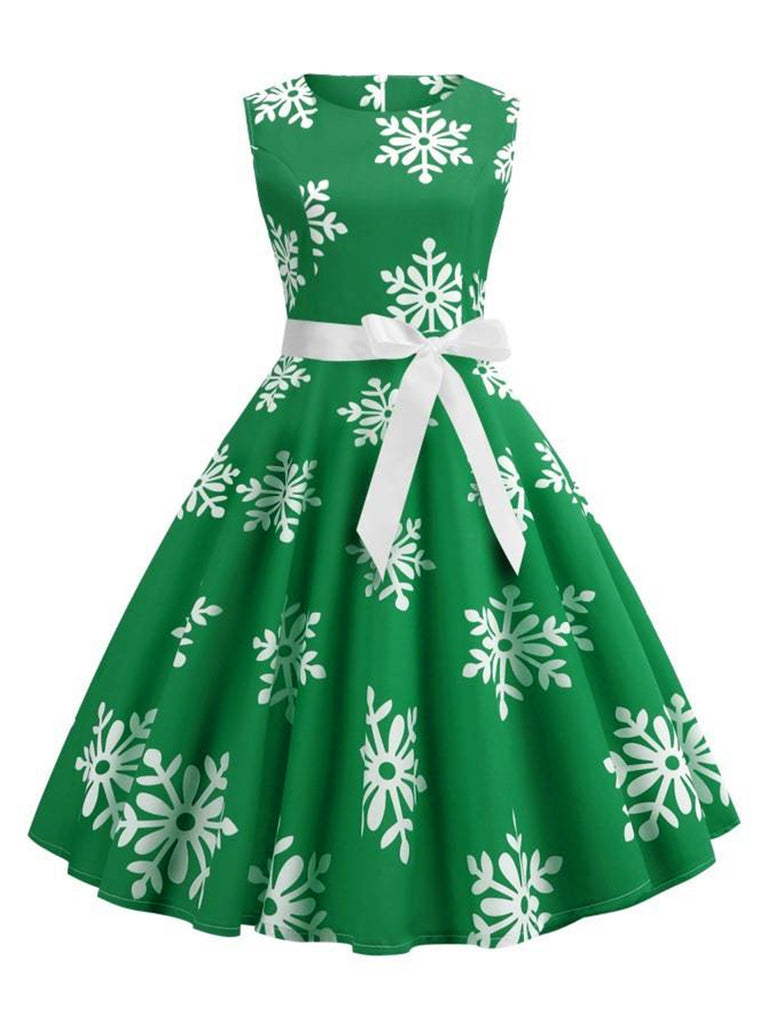 1950s Christmas Snowflake Sleeveless Belted Dress