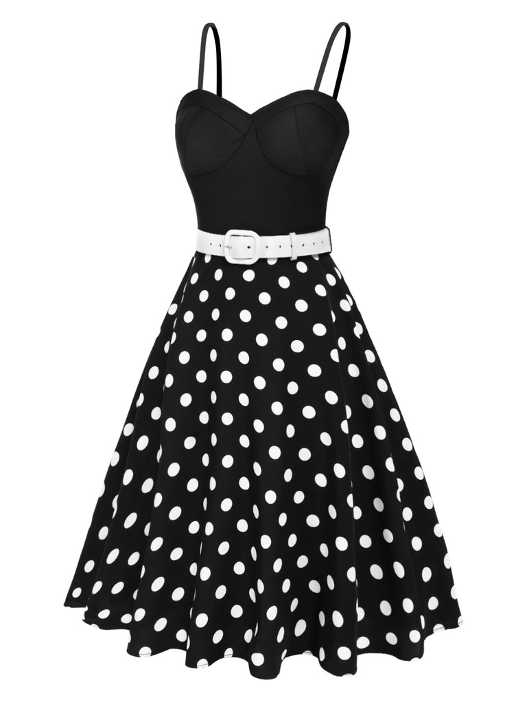 [Pre-Sale] Black 1950s Spaghetti Strap Polka Dots Belted Dress