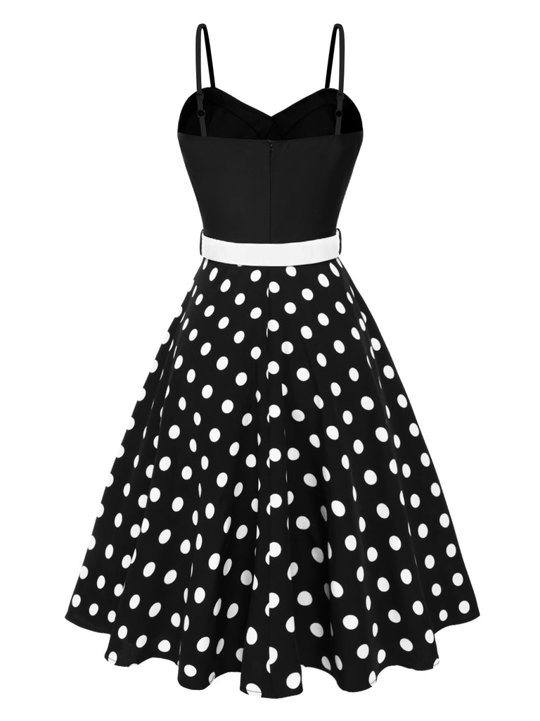 [Pre-Sale] Black 1950s Spaghetti Strap Polka Dots Belted Dress