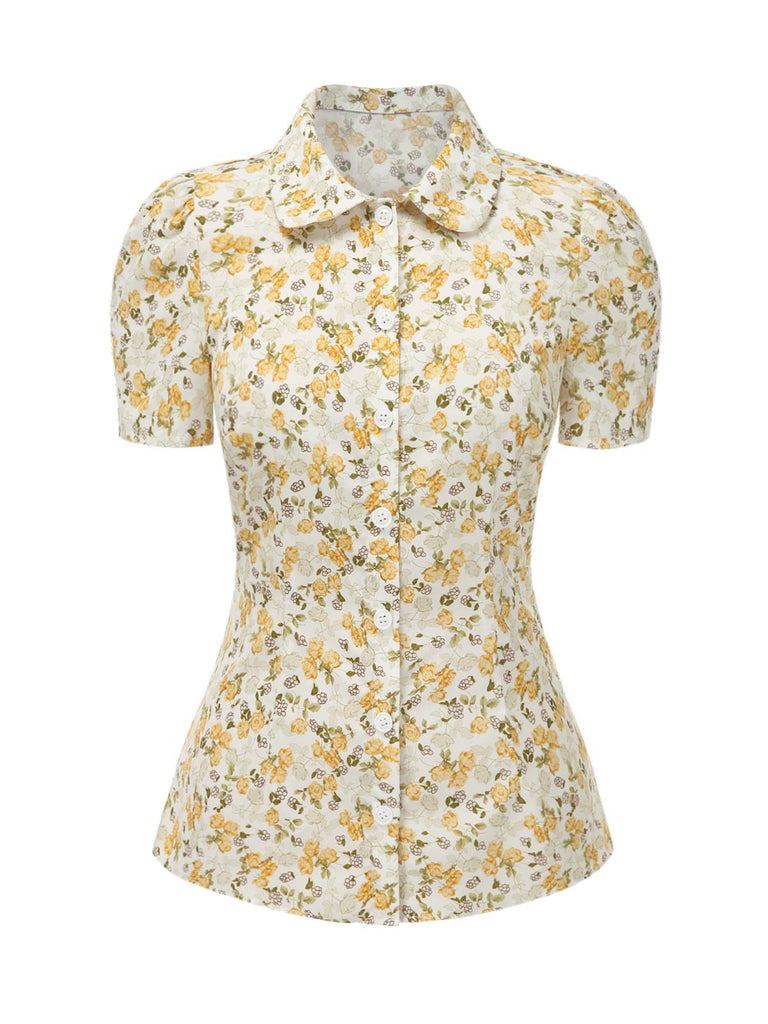 [Pre-Sale] 2PCS 1940s Peter Pan Collar Floral Blouse & Slit Skirt