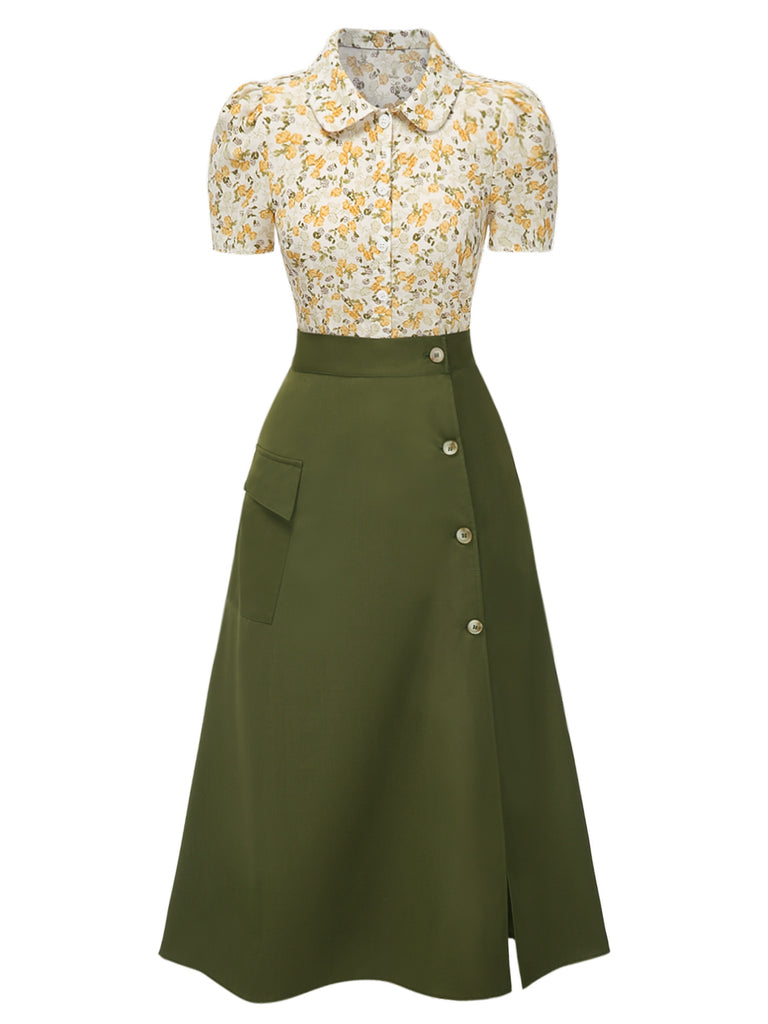 2PCS 1940s Peter Pan Collar Floral Blouse & Slit Skirt