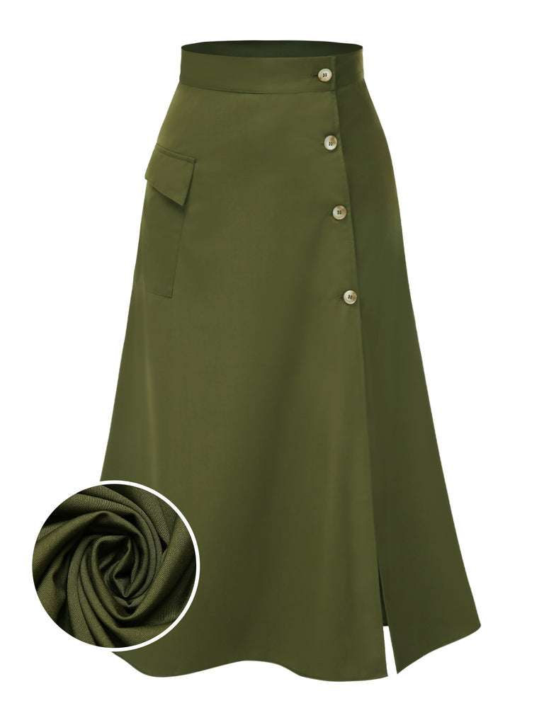 Olive Green 1940s Button Slit Skirt