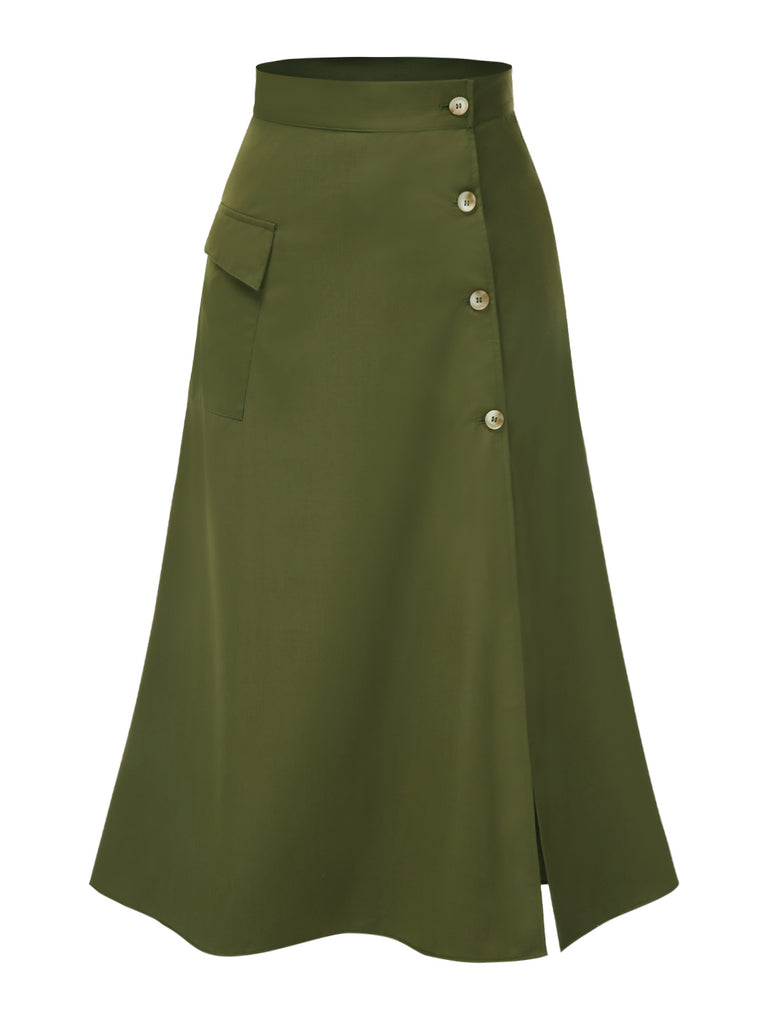 Olive Green 1940s Button Slit Skirt