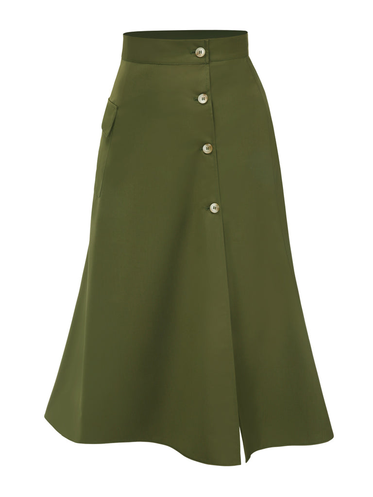 Olive Green 1940s Button Slit Skirt