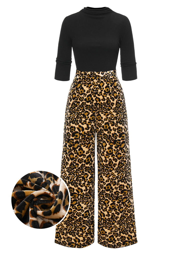 [Pre-Sale] Black 1970s Cowl Neck Leopard Wide-Leg Jumpsuit