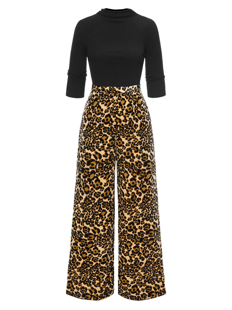 [Pre-Sale] Black 1970s Cowl Neck Leopard Wide-Leg Jumpsuit