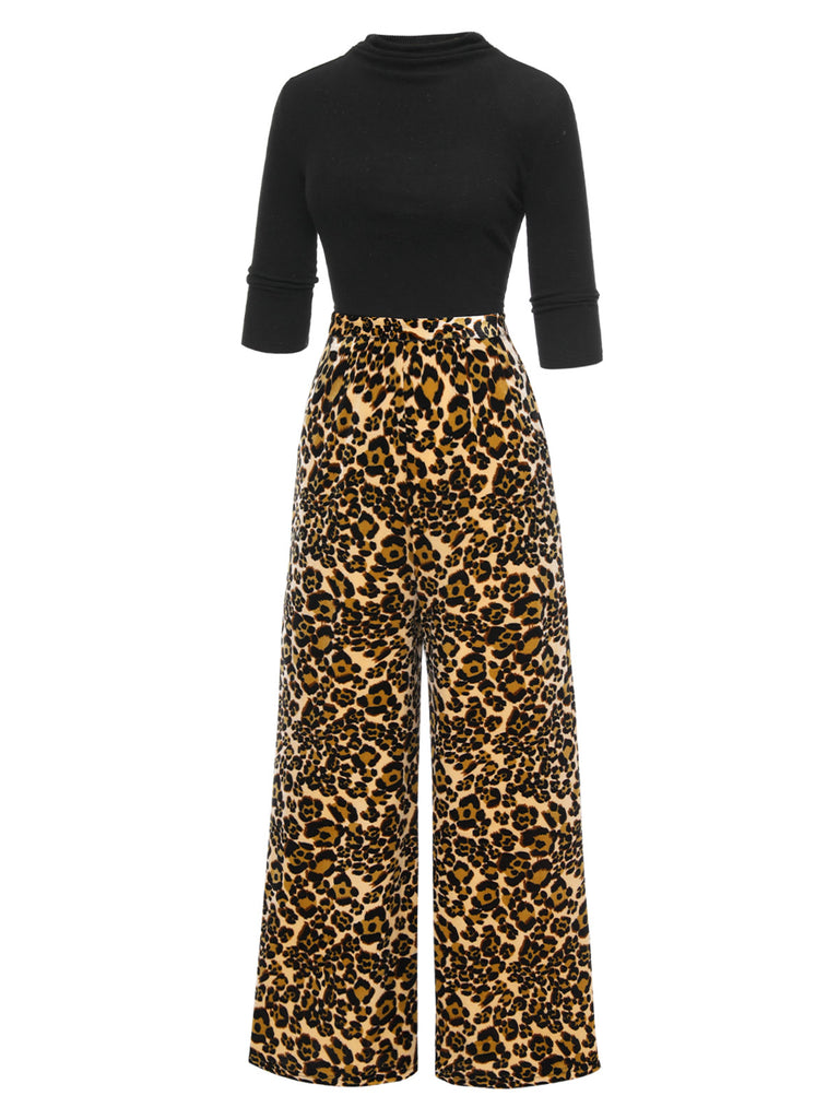 [Pre-Sale] Black 1970s Cowl Neck Leopard Wide-Leg Jumpsuit